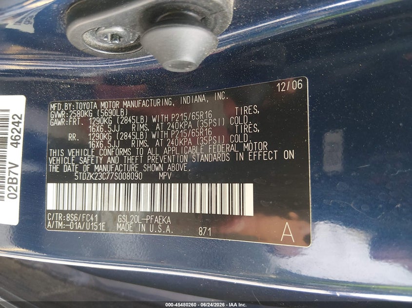 2007 Toyota Sienna VIN 5TDZK23C77S008090 IAAI salvage auction — NORMAL WEAR, Salvage (South Carolina), sold $1,000 on 2026-07-08 (photo 9)