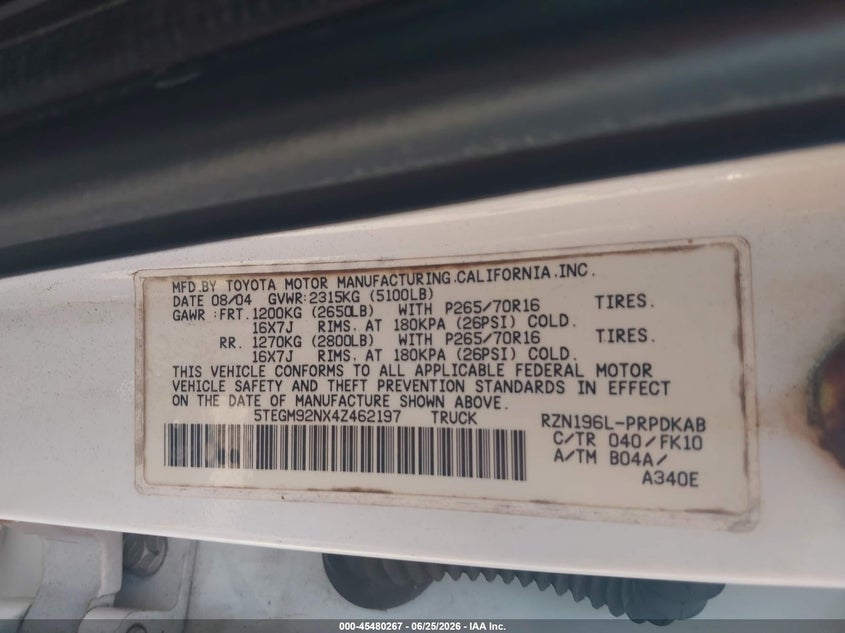 2004 Toyota Tacoma VIN 5TEGM92NX4Z462197 IAAI salvage auction — FRONT END, Rebuildable (Florida), sold $4,200 on 2026-07-14 (photo 9)