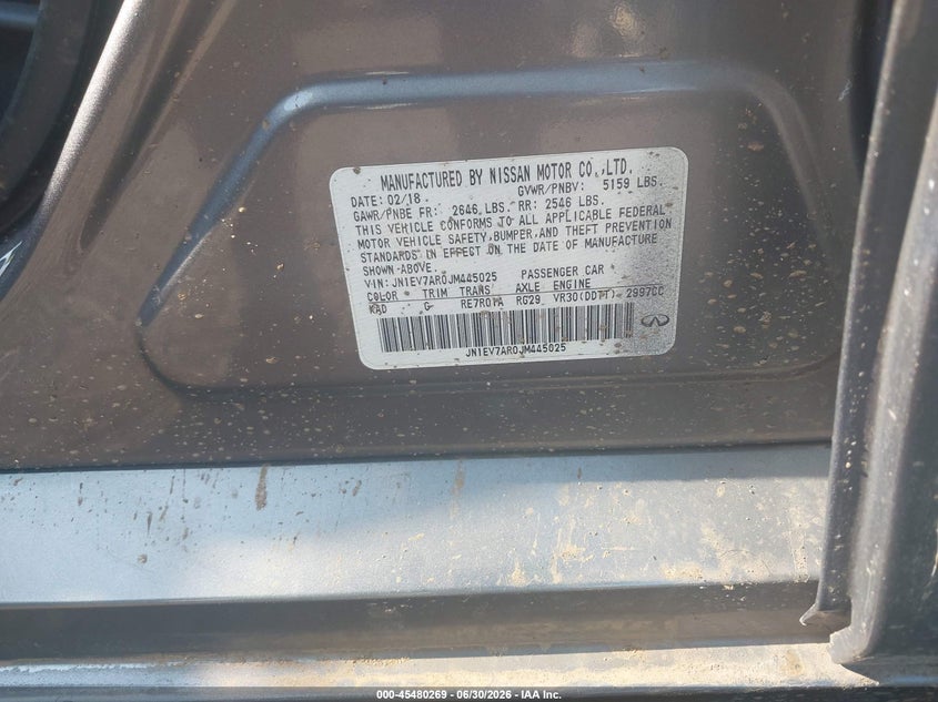 2018 Infiniti Q50 VIN JN1EV7AR0JM445025 IAAI salvage auction — WATER/FLOOD, Salvage Title, sold $25 on 2026-07-21 (photo 9)