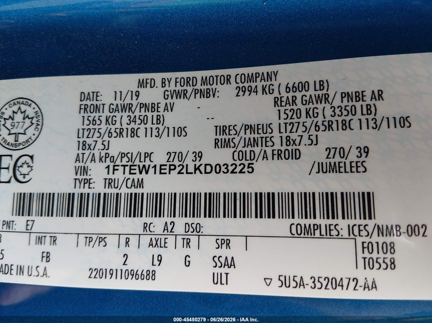 2020 Ford F-150 VIN 1FTEW1EP2LKD03225 IAAI salvage auction — HAIL, Salvage (Kansas), sold $12,600 on 2026-08-01 (photo 9)