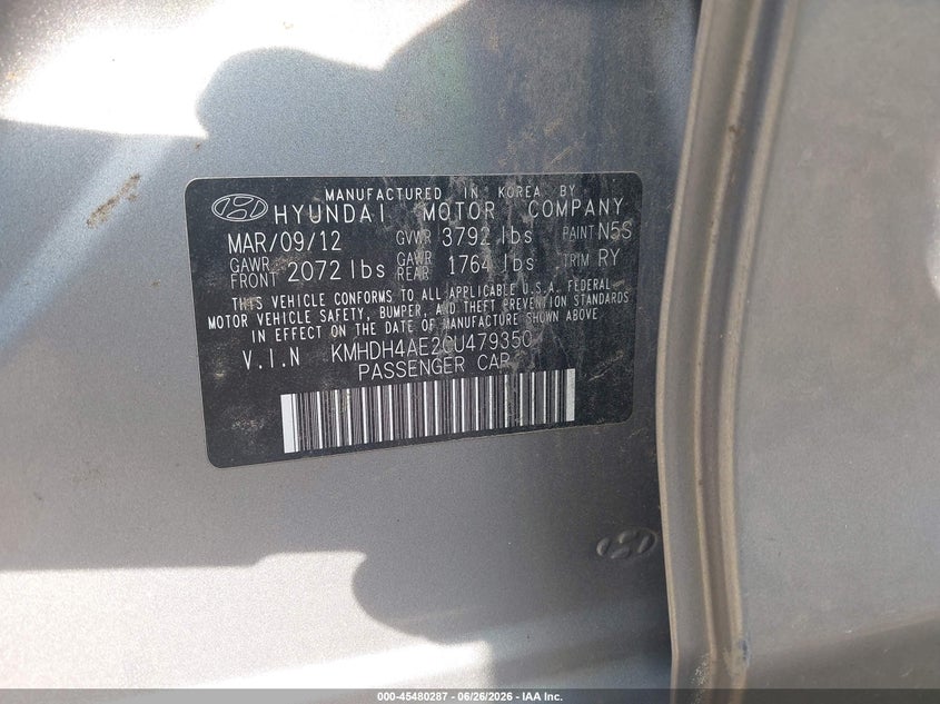 2012 Hyundai Elantra VIN KMHDH4AE2CU479350 IAAI salvage auction — ROLLOVER, Salvage (Georgia), sold $375 on 2026-07-31 (photo 9)