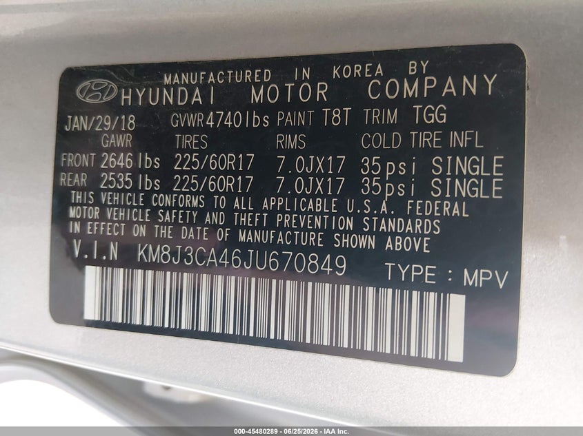 2018 Hyundai Tucson VIN KM8J3CA46JU670849 IAAI salvage auction — NORMAL WEAR, Salvage (Nebraska), sold $4,900 on 2026-07-23 (photo 9)