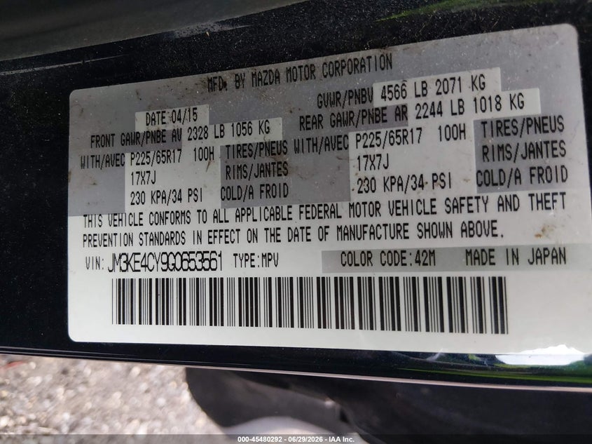 2016 Mazda Cx-5 VIN JM3KE4CY9G0653561 IAAI salvage auction — FRONT & REAR, Salvage - 75% Or Less (Maryland), sold $2,850 on 2026-07-22 (photo 9)