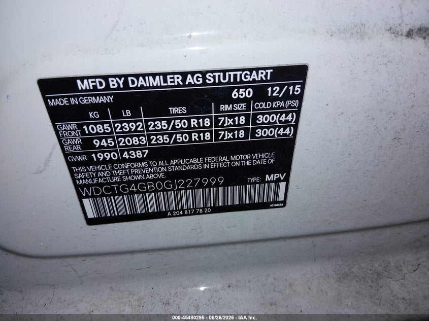 2016 Mercedes-benz Gla-klasse VIN WDCTG4GB0GJ227999 IAAI salvage auction — FRONT END, Salvage (Oregon), sold $3,200 on 2026-08-20 (photo 9)