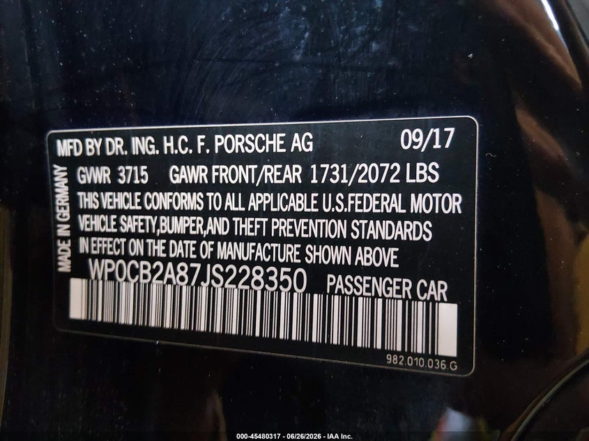 2018 Porsche 718 boxster VIN WP0CB2A87JS228350 IAAI salvage auction — UNDERCARRIAGE, Salvage (Maine), sold $17,800 on 2026-07-31 (photo 9)