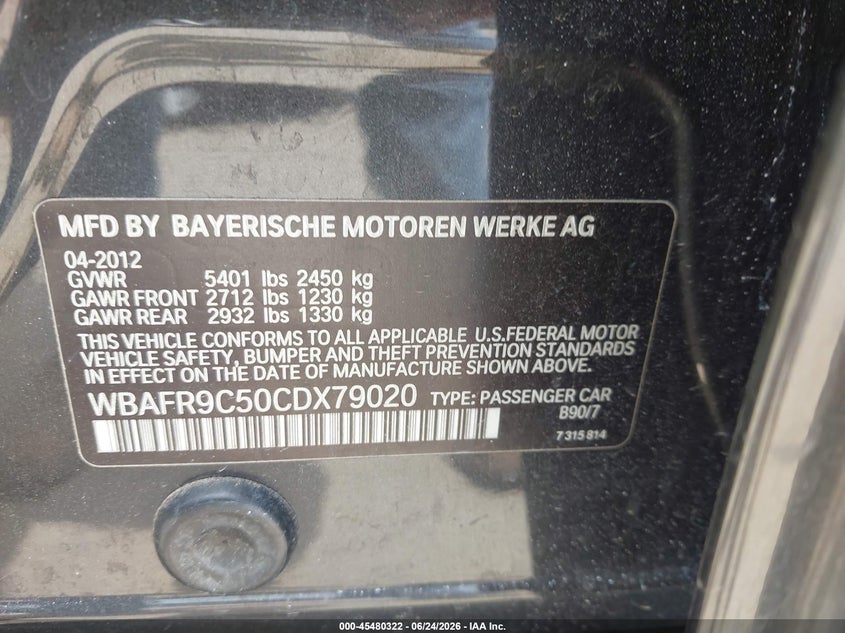 2012 BMW VIN WBAFR9C50CDX79020 IAAI salvage auction — NORMAL WEAR, Original (Texas), sold $1,100 on 2026-07-24 (photo 9)