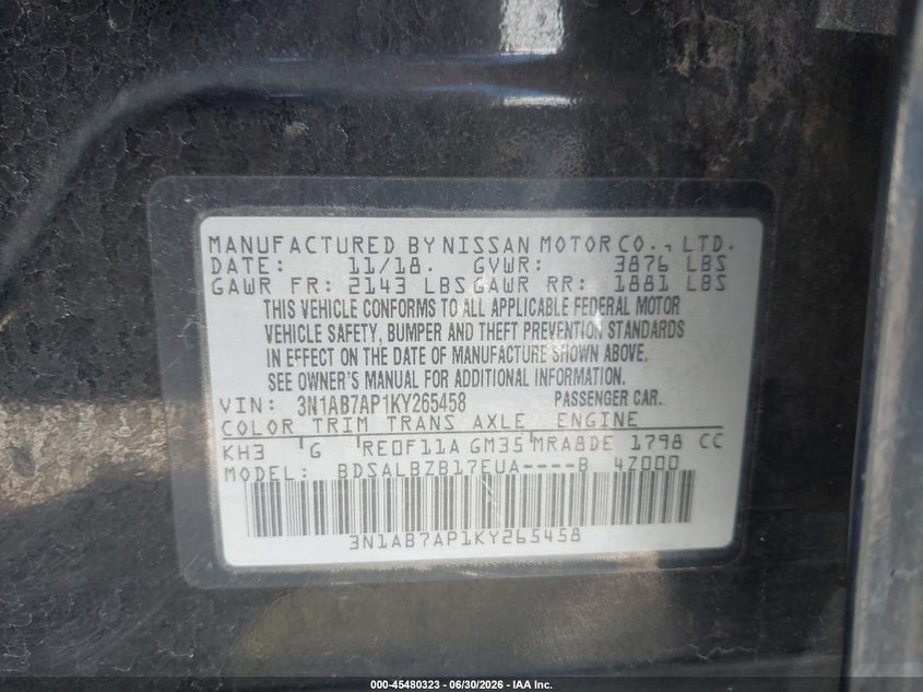 2019 Nissan Sentra VIN 3N1AB7AP1KY265458 IAAI salvage auction — LEFT FRONT, Salvage (Arizona), sold $1,075 on 2026-07-09 (photo 9)