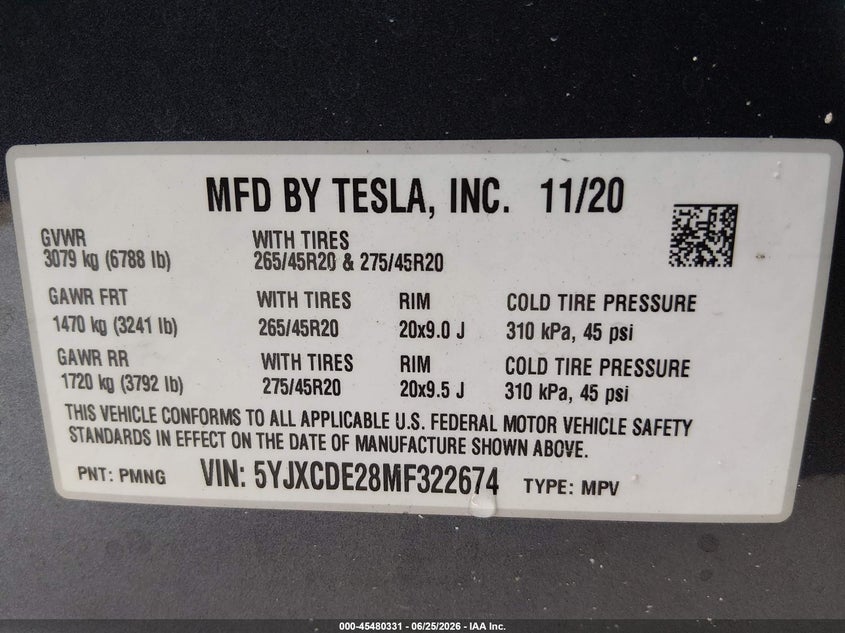 2021 Tesla Model x VIN 5YJXCDE28MF322674 IAAI salvage auction — RIGHT SIDE, Certificate Of Destruction (Florida), sold $7,600 on 2026-07-23 (photo 9)