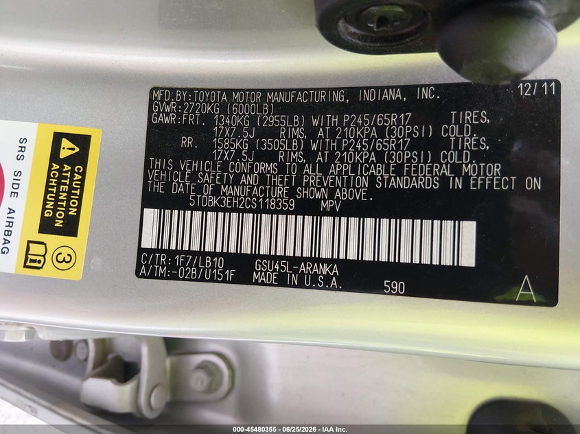 2012 Toyota Highlander VIN 5TDBK3EH2CS118359 IAAI salvage auction — LEFT SIDE, Salvage (Missouri), sold $3,600 on 2026-07-30 (photo 9)
