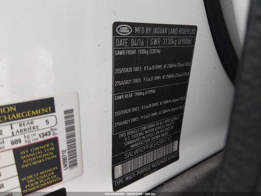 2016 Land rover Range rover sport VIN SALWR2PF8GA590712 IAAI salvage auction — STORM DAMAGE, Salvage Title, sold $4,500 on 2026-07-22 (photo 9)