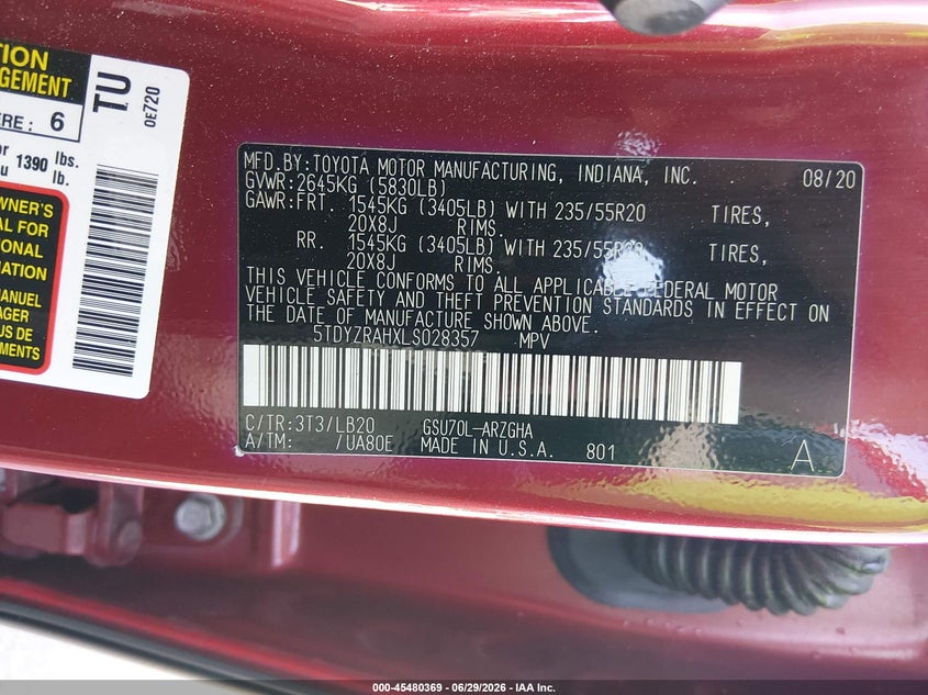 2020 Toyota Highlander VIN 5TDYZRAHXLS028357 IAAI salvage auction — FRONT END, Salvage (South Carolina), sold $16,725 on 2026-07-29 (photo 9)