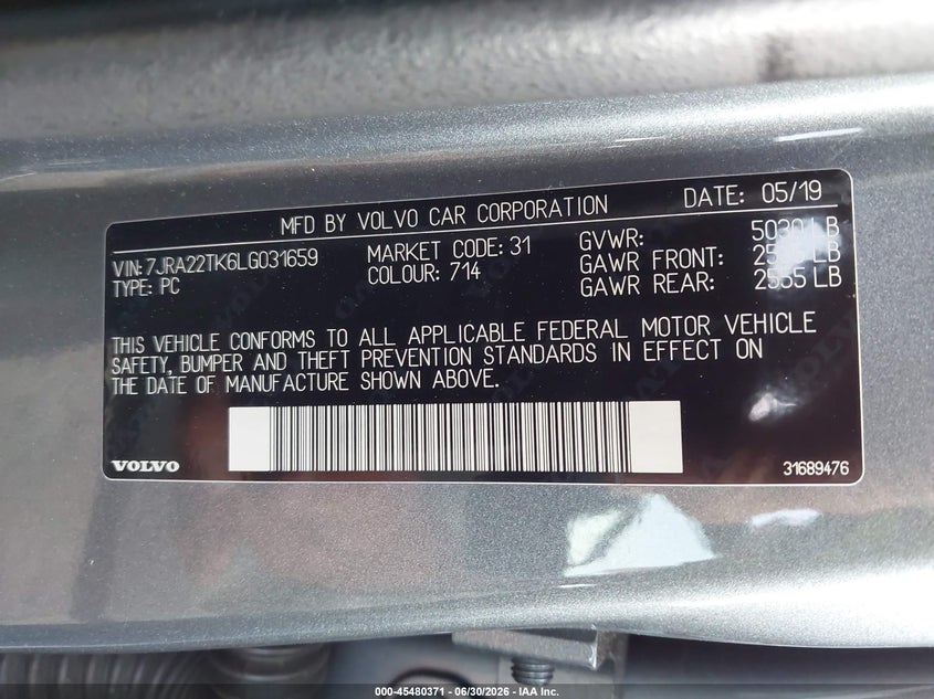 2020 Volvo S60 VIN 7JRA22TK6LG031659 IAAI salvage auction — REAR END, Salvage (Massachusetts), sold $825 on 2026-07-31 (photo 9)