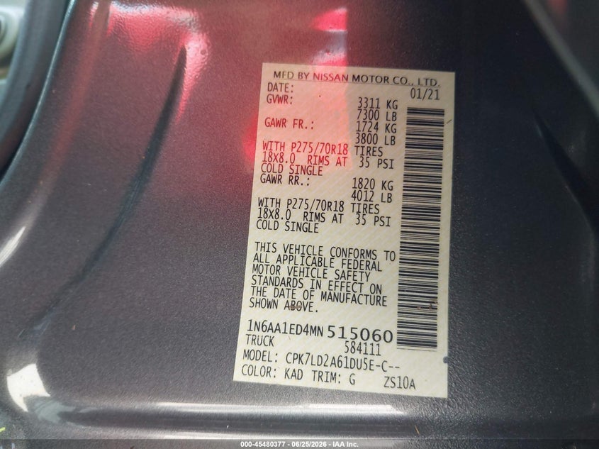 2021 Nissan TITAN VIN 1N6AA1ED4MN515060 IAAI salvage auction — WATER/FLOOD, Salvage (Texas), sold $10,100 on 2026-07-16 (photo 9)