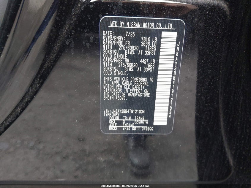 2026 Nissan Armada VIN JN8AY3BB4T9121034 IAAI salvage auction — FRONT END, Salvage Title, sold $35,750 on 2026-07-28 (photo 9)