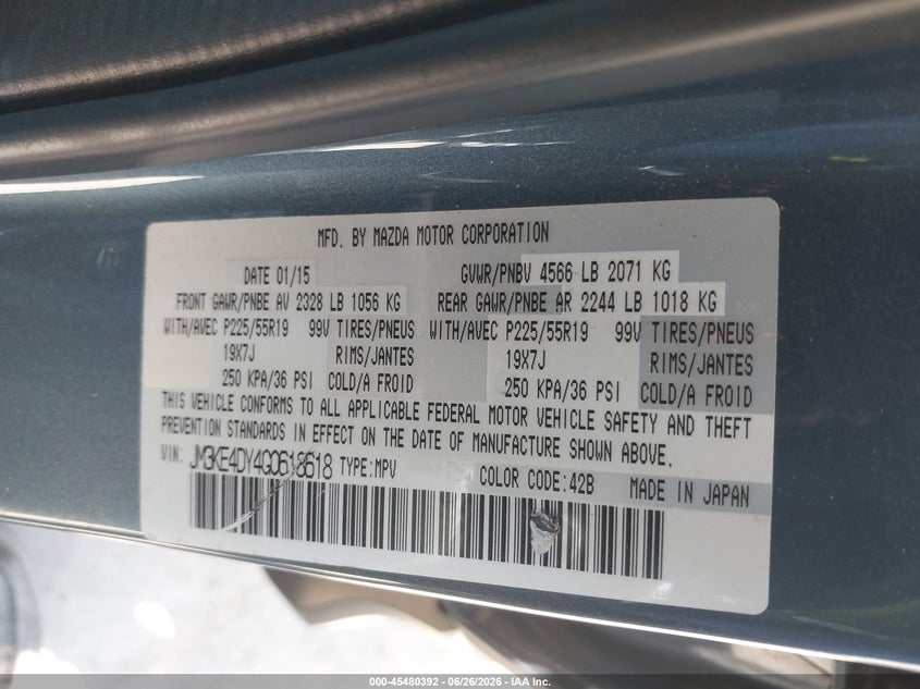 2016 Mazda Cx-5 VIN JM3KE4DY4G0618618 IAAI salvage auction — REAR END, Salvage (California), sold $2,750 on 2026-07-29 (photo 9)