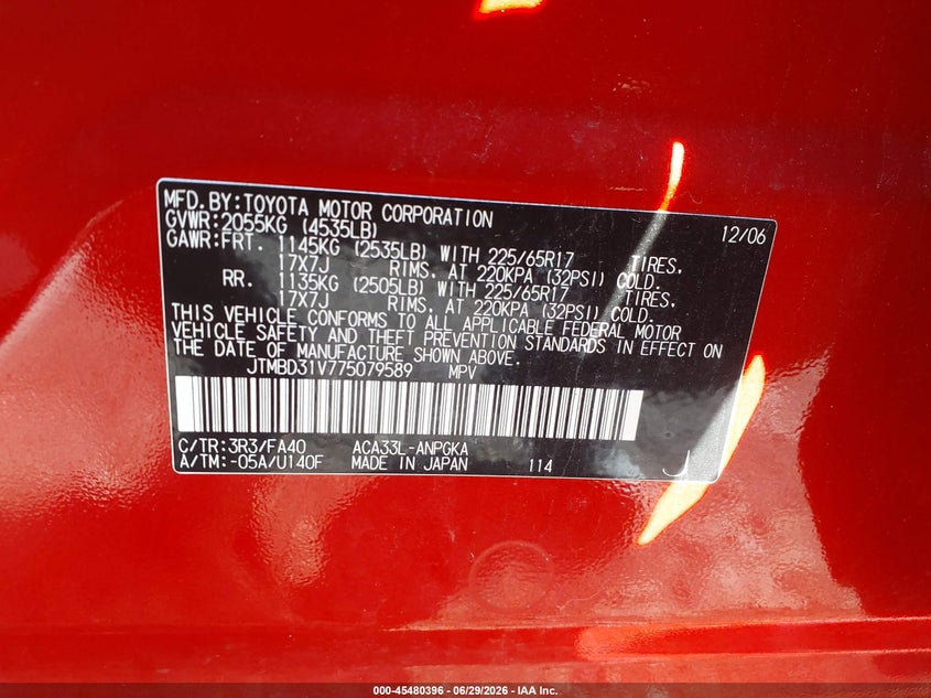 2007 Toyota Rav4 VIN JTMBD31V775079589 IAAI salvage auction — NORMAL WEAR, Clear (New Jersey), sold $775 on 2026-07-16 (photo 9)