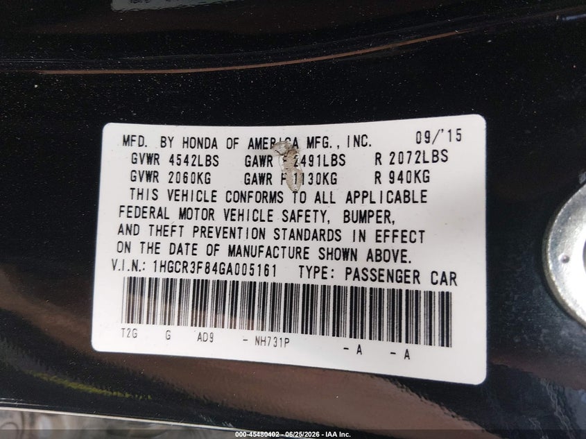 2016 Honda Accord VIN 1HGCR3F84GA005161 IAAI salvage auction — THEFT, Bill Of Sale (Washington), sold $2,575 on 2026-07-17 (photo 9)