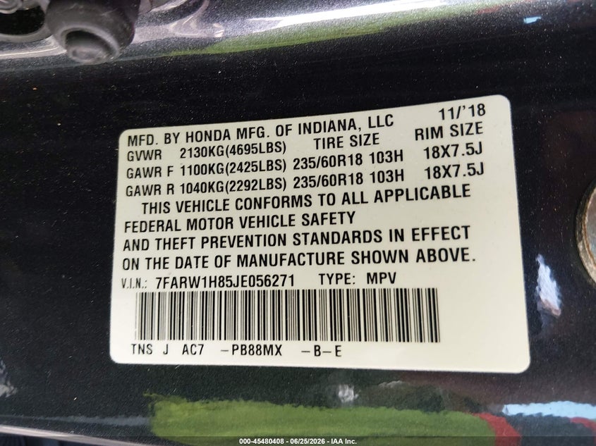 2018 Honda Cr-v VIN 7FARW1H85JE056271 IAAI salvage auction — SIDE, Rebuildable (Florida), sold $4,550 on 2026-07-10 (photo 9)