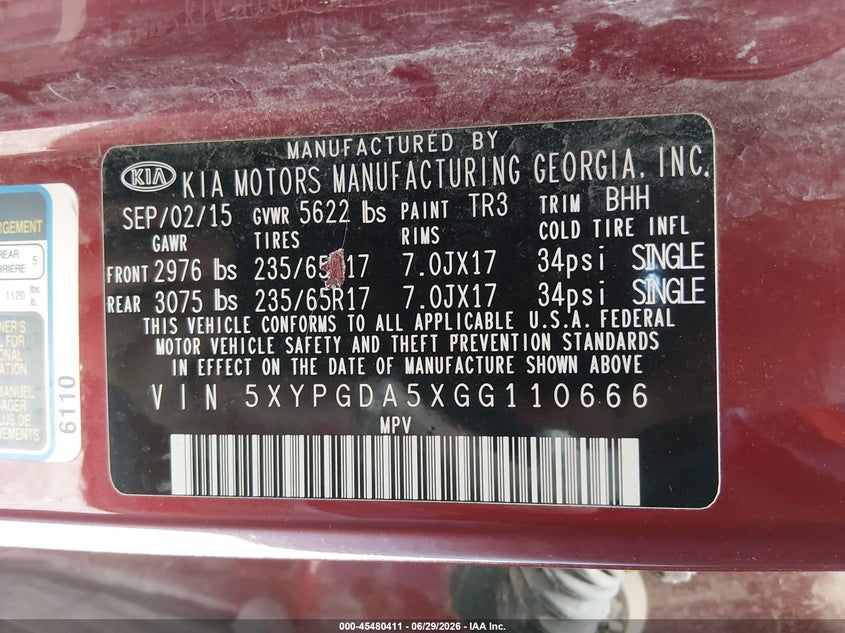 2016 Kia Sorento VIN 5XYPGDA5XGG110666 IAAI salvage auction — NORMAL WEAR, Clear (Kansas), sold $1,400 on 2026-07-17 (photo 9)