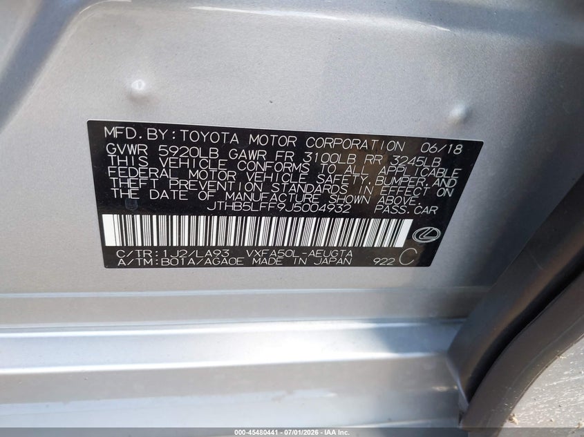 2018 Lexus Ls VIN JTHB5LFF9J5004932 IAAI salvage auction — FRONT END, Salvage Title, sold $7,150 on 2026-08-29 (photo 9)