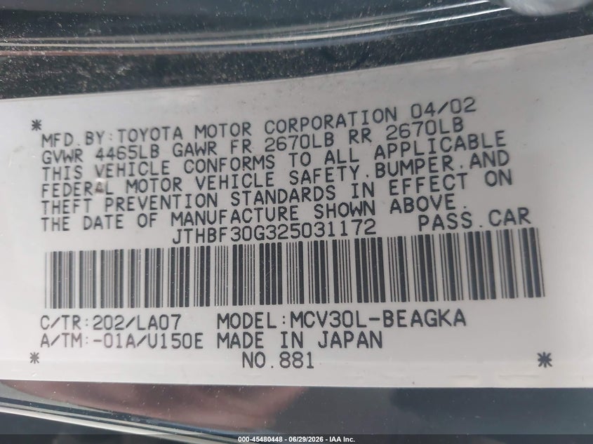 2002 Lexus Es 300 VIN JTHBF30G325031172 IAAI salvage auction — REAR END, Salvage (California), sold $450 on 2026-07-15 (photo 9)