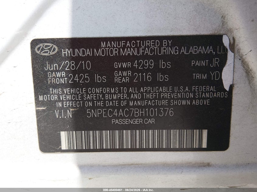 2011 Hyundai Sonata VIN 5NPEC4AC7BH101376 IAAI salvage auction — NORMAL WEAR, Clear (Alabama), sold $800 on 2026-07-20 (photo 9)