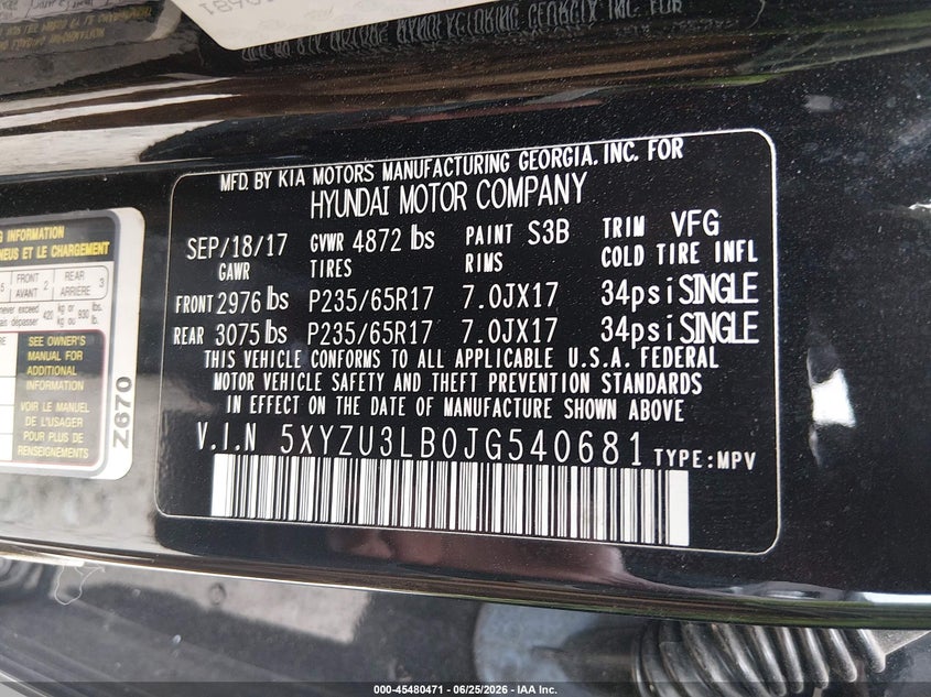 2018 Hyundai Santa fe VIN 5XYZU3LB0JG540681 IAAI salvage auction — RIGHT SIDE, Salvage Title, sold $2,650 on 2026-07-29 (photo 9)