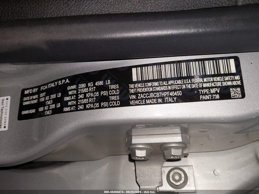 2017 Jeep Renegade VIN ZACCJBCB7HPF46450 IAAI salvage auction — RIGHT FRONT, Salvage (Pennsylvania), sold $2,050 on 2026-08-06 (photo 9)
