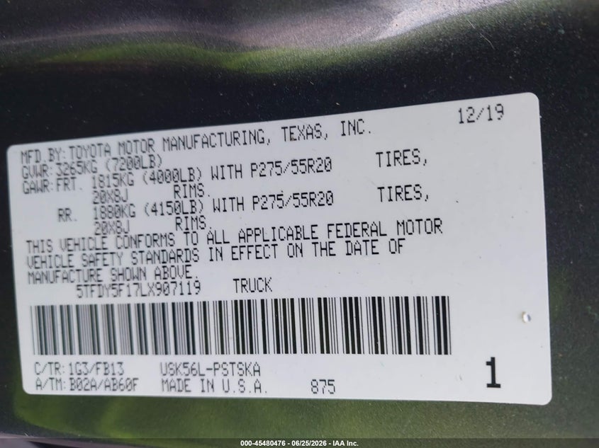 2020 Toyota Tundra VIN 5TFDY5F17LX907119 IAAI salvage auction — REAR END, Salvage (North Carolina), sold $16,500 on 2026-07-16 (photo 9)
