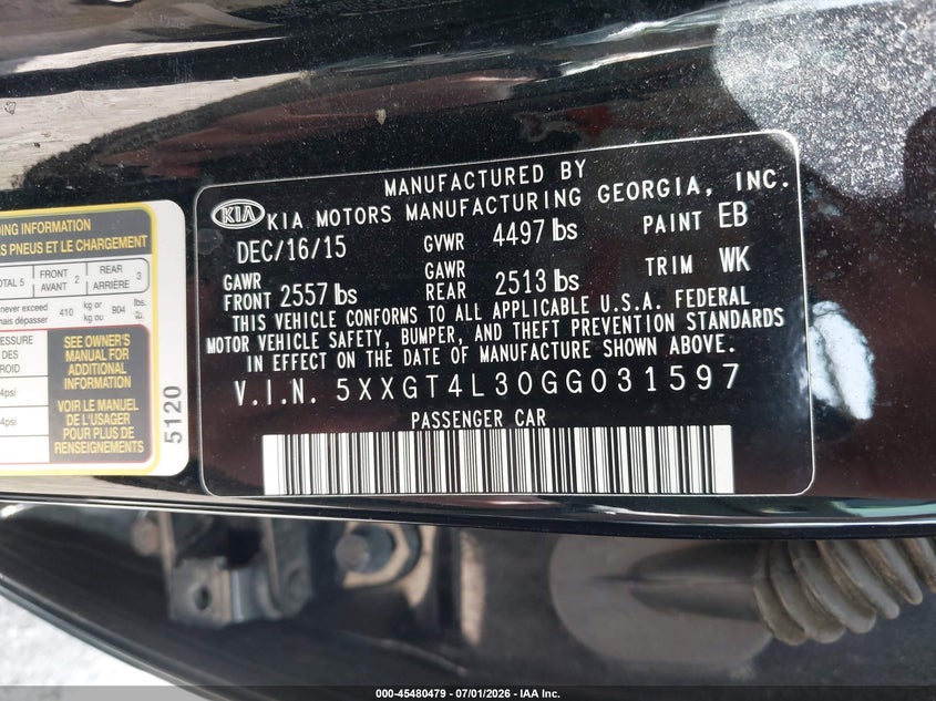 2016 Kia Optima VIN 5XXGT4L30GG031597 IAAI salvage auction — REAR END, Salvage (Ohio), sold $1,350 on 2026-07-10 (photo 9)