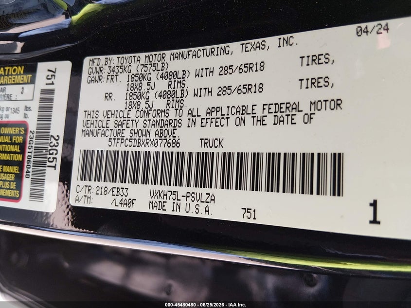 2024 Toyota Tundra VIN 5TFPC5DBXRX077686 IAAI salvage auction — WATER/FLOOD, Salvage (Texas), sold $30,500 on 2026-07-16 (photo 9)
