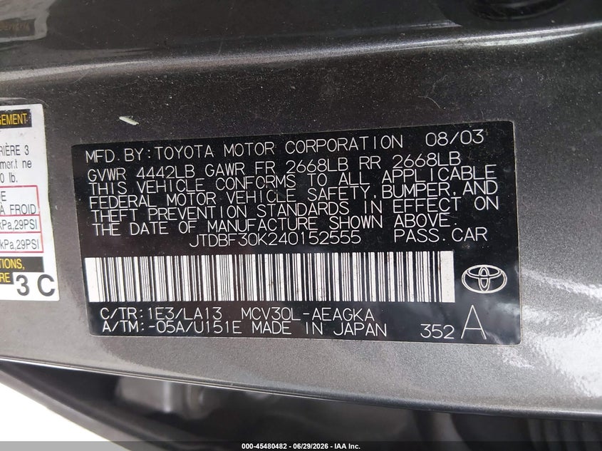 2004 Toyota Camry VIN JTDBF30K240152555 IAAI salvage auction — NORMAL WEAR, Clear (Washington), sold $450 on 2026-07-08 (photo 9)