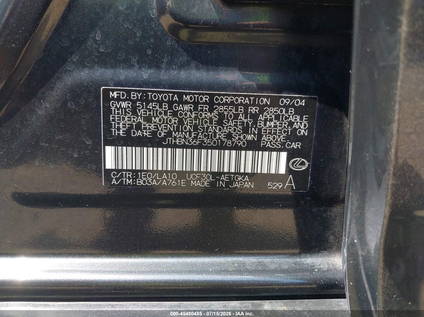 2005 Lexus Ls 430 VIN JTHBN36F350178790 IAAI salvage auction — NORMAL WEAR, Original (Ohio), sold $7,900 on 2026-07-30 (photo 9)
