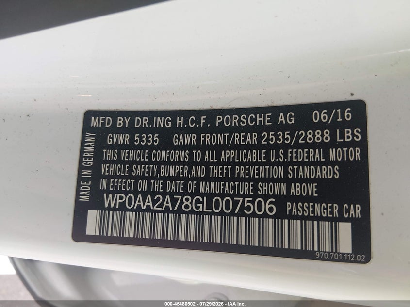 2016 Porsche Panamera VIN WP0AA2A78GL007506 IAAI salvage auction — FRONT END, Salvage Title, sold $4,800 on 2026-09-16 (photo 9)