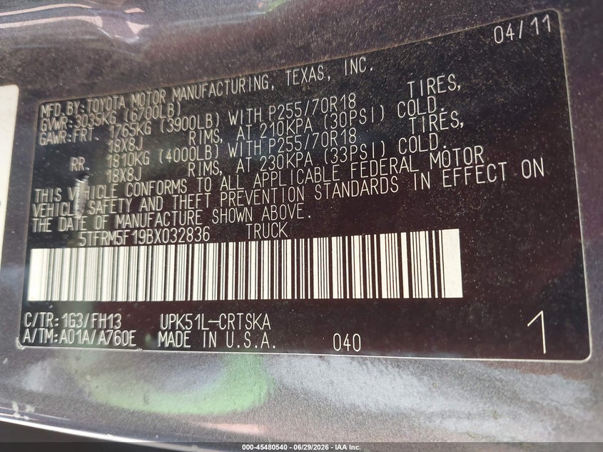 2011 Toyota Tundra VIN 5TFRM5F19BX032836 IAAI salvage auction — REAR END, Salvage (Alabama), sold $2,425 on 2026-07-15 (photo 9)