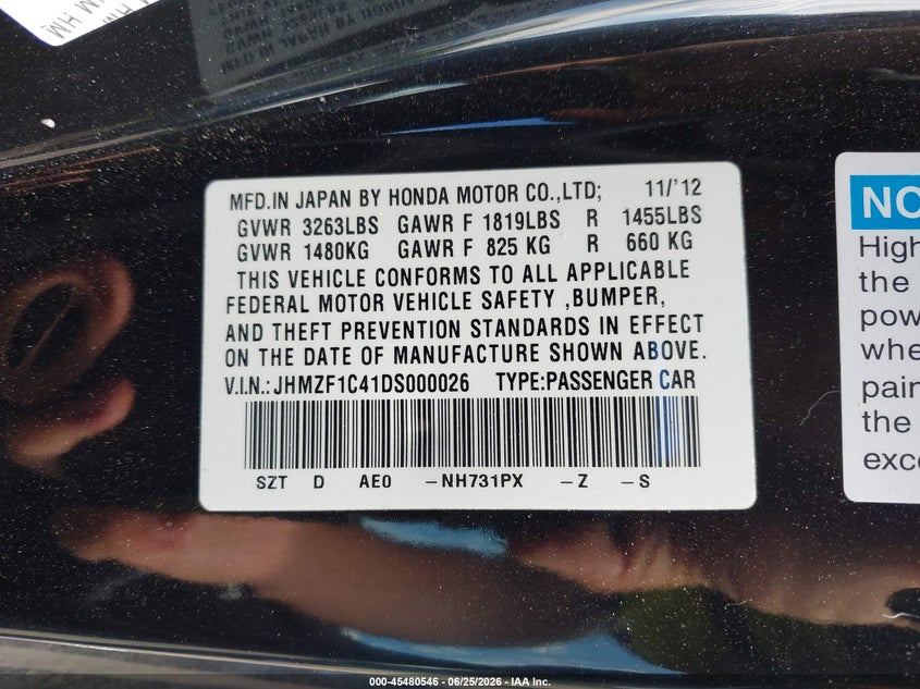 2013 Honda Cr-z VIN JHMZF1C41DS000026 IAAI salvage auction — LEFT FRONT, Salvage (Pennsylvania), sold $25 on 2026-07-28 (photo 9)