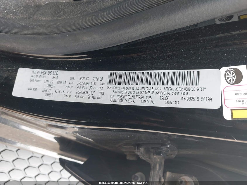 2020 Ram 1500 VIN 1C6SRFFT3LN175859 IAAI salvage auction — FRONT END, Salvage Title, sold $10,025 on 2026-08-29 (photo 9)