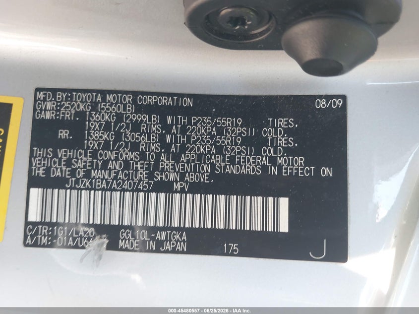 2010 Lexus Rx VIN JTJZK1BA7A2407457 IAAI salvage auction — RIGHT FRONT, Salvage (California), sold $3,700 on 2026-08-02 (photo 9)