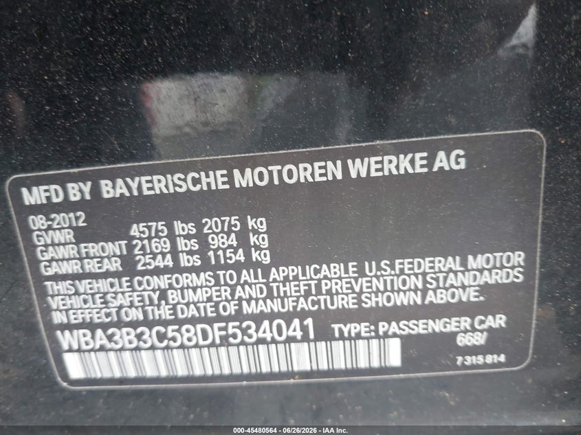 2013 BMW 3er VIN WBA3B3C58DF534041 IAAI salvage auction — FRONT END, Salvage Title, sold $550 on 2026-07-18 (photo 9)