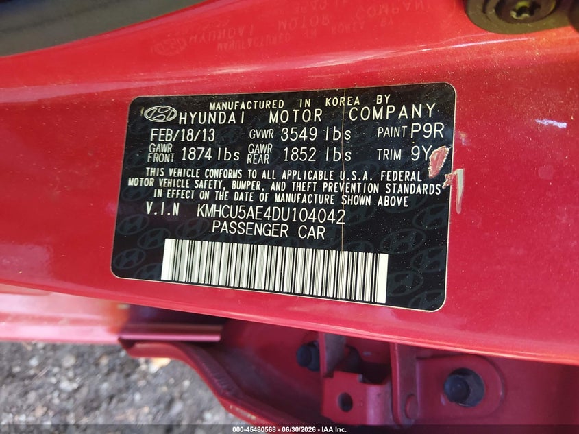 2013 Hyundai Accent VIN KMHCU5AE4DU104042 IAAI salvage auction — FRONT END, Clear (Virginia), sold $25 on 2026-07-28 (photo 9)