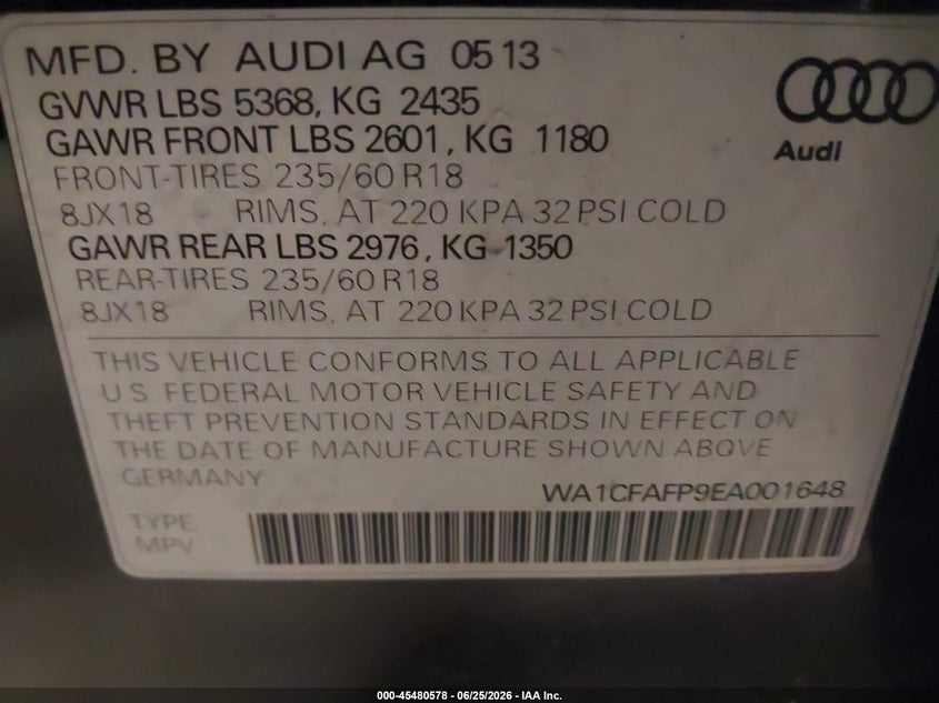2014 Audi Q5 VIN WA1CFAFP9EA001648 IAAI salvage auction — NORMAL WEAR, Clear (Minnesota), sold $1,375 on 2026-07-22 (photo 9)