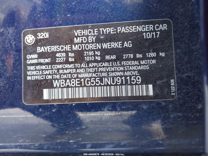 2018 BMW 3er VIN WBA8E1G55JNU91159 IAAI salvage auction — FRONT END, Rebuildable (Florida), sold $1,125 on 2026-07-30 (photo 9)