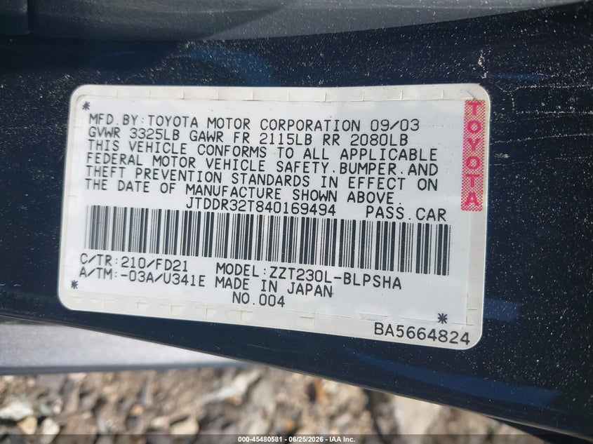 2004 Toyota Celica VIN JTDDR32T840169494 IAAI salvage auction — FRONT END, Salvage (Rhode Island), sold $25 on 2026-07-28 (photo 9)