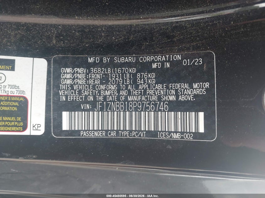 2023 Toyota Gr 86 VIN JF1ZNBB18P9756746 IAAI salvage auction — FRONT END, Salvage (Tennessee), sold $5,800 on 2026-07-22 (photo 9)