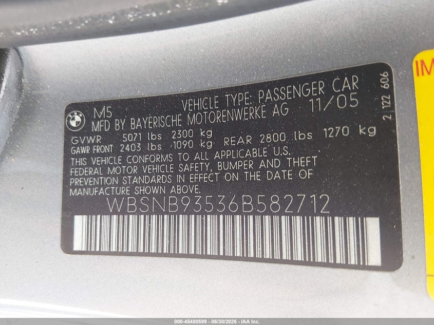 2006 BMW M5 VIN WBSNB93536B582712 IAAI salvage auction — SIDE, Salvage (Idaho), sold $7,500 on 2026-07-22 (photo 9)