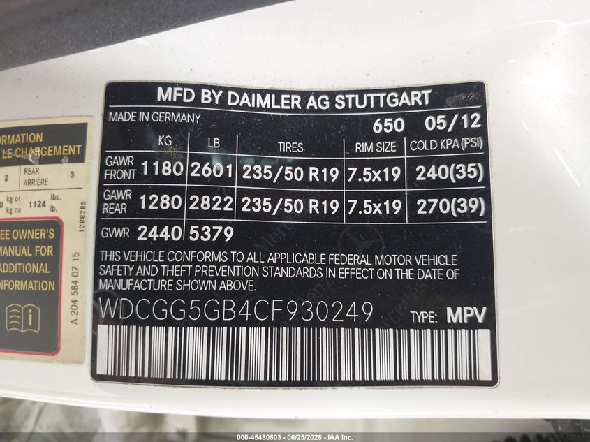 2012 Mercedes-benz Glk-klasse VIN WDCGG5GB4CF930249 IAAI salvage auction — NORMAL WEAR, Salvage Title, sold $1,750 on 2026-07-29 (photo 9)
