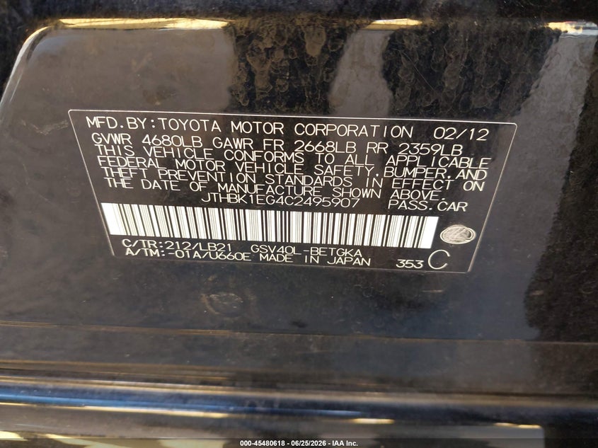 2012 Lexus ES VIN JTHBK1EG4C2495907 IAAI salvage auction — SIDE, Salvage (California), sold $1,200 on 2026-07-09 (photo 9)
