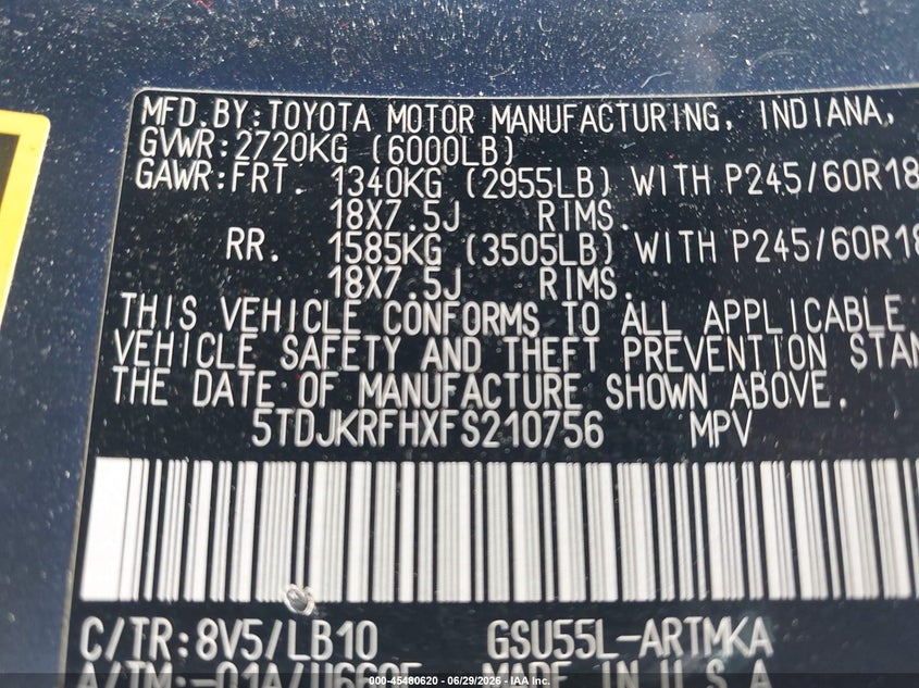 2015 Toyota Highlander VIN 5TDJKRFHXFS210756 IAAI salvage auction — FRONT END, Salvage (Virginia), sold $5,600 on 2026-07-12 (photo 9)
