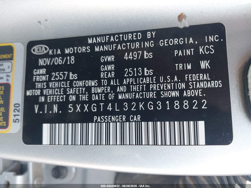 2019 Kia Optima VIN 5XXGT4L32KG318822 IAAI salvage auction — LEFT FRONT, Salvage (Georgia), sold $25 on 2026-07-24 (photo 9)