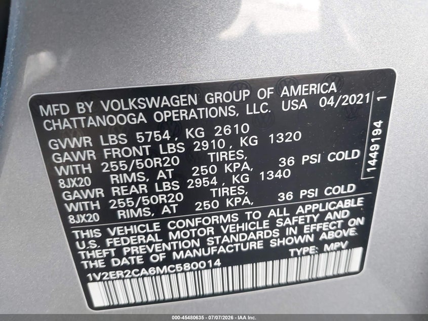 2021 Volkswagen Atlas VIN 1V2ER2CA6MC580014 IAAI salvage auction — SIDE, Salvage Certificate (California), sold $4,050 on 2026-07-29 (photo 9)